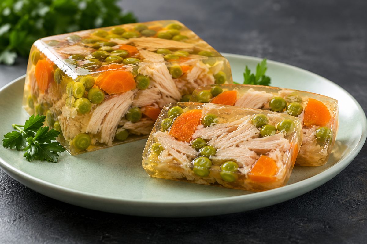 Заливное из курицы с зелёным горошком