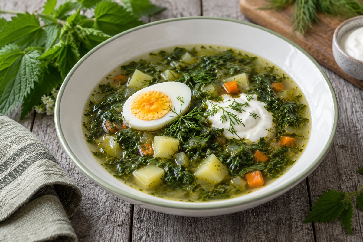 Зелёный борщ с крапивой и яйцом